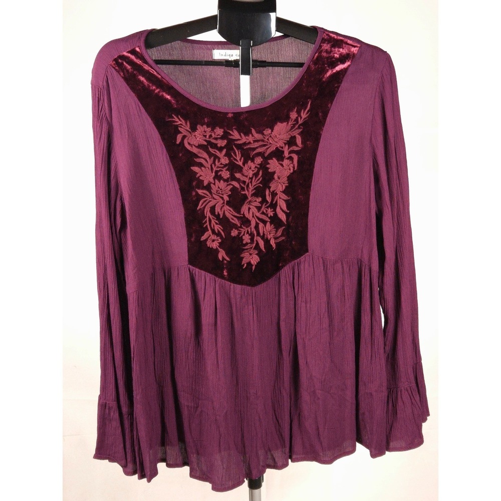 Indigo Soul Women's Large Velour Gauze Witchy Boho‎ Peasant Top